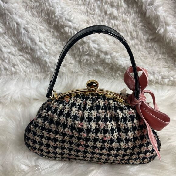 Glenda Gies mini Satchel black,ivory ,pink & gold fabr black strap gold frame. - Picture 3 of 16